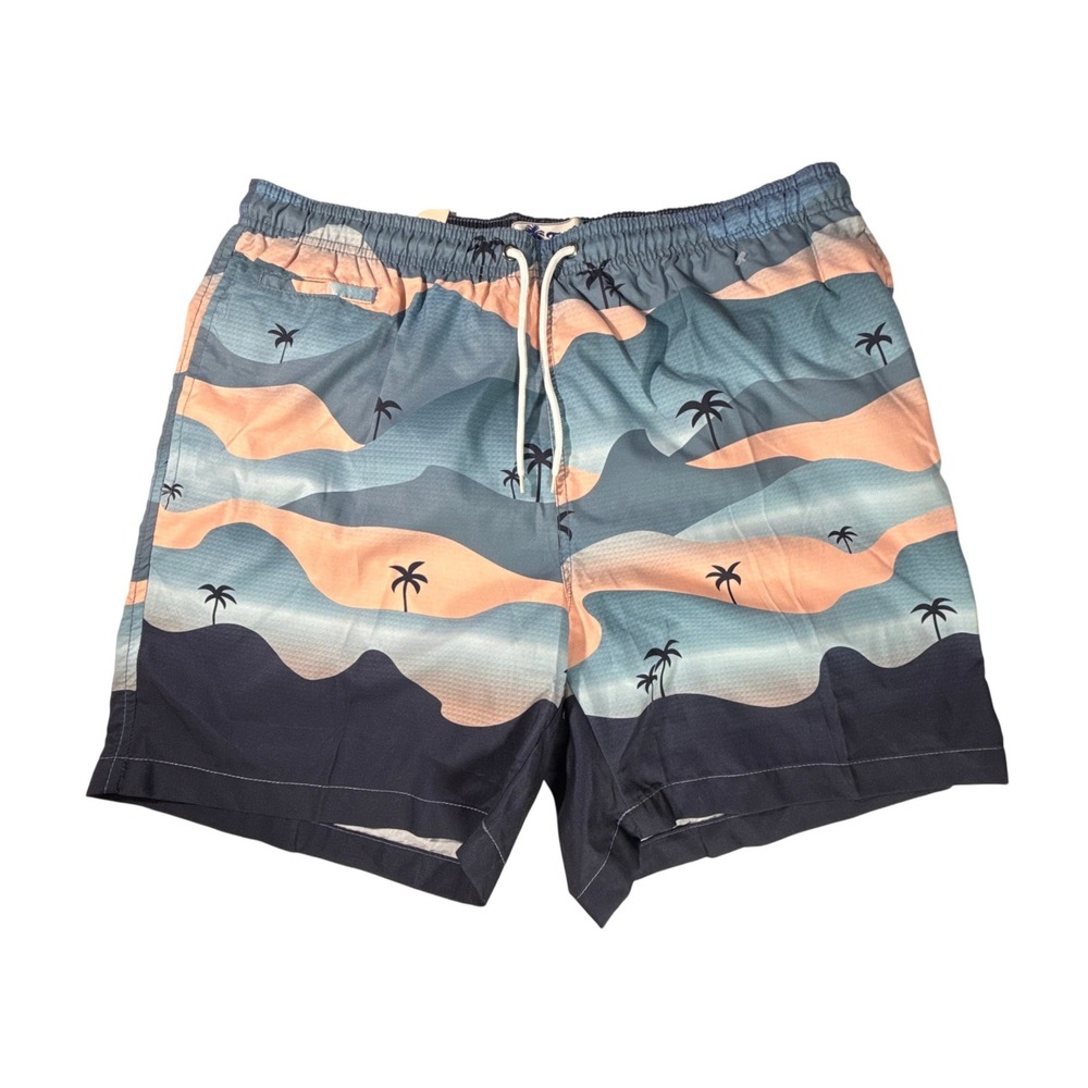 Trunks Surf & Swim Co Mens XL Blue Peach Palm Tree Mountain‎ Swim Shorts New